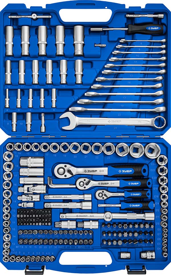Универсальный набор инструмента ЗУБР А-216 1/2″+ 3/8″+ 1/4″ 216 предм., Профессионал 27674-H216