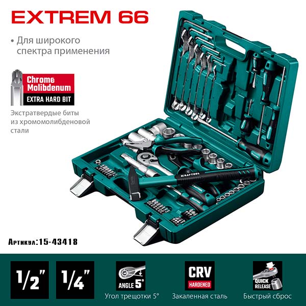 Универсальный набор инструмента KRAFTOOL EXTREM-66 1/2″+1/4″ 66 предм., 27976-H66