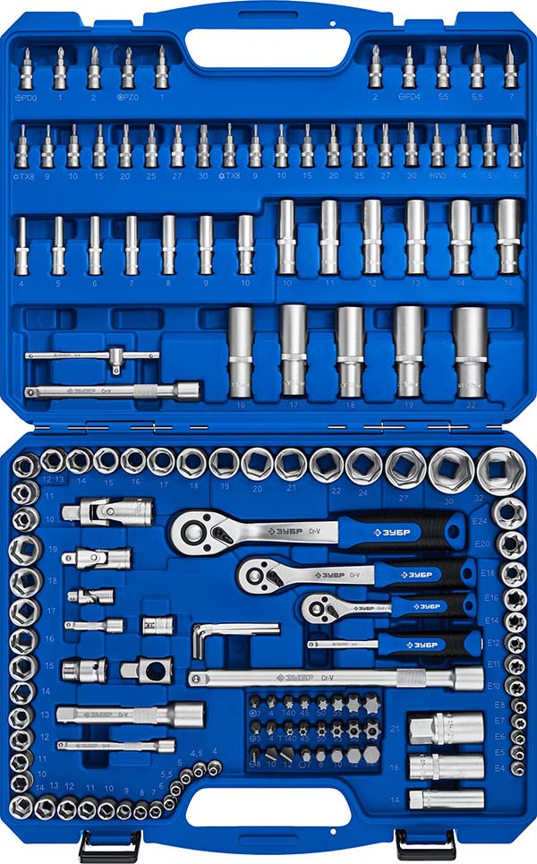 Универсальный набор инструмента ЗУБР А-151 1/2″+ 3/8″+ 1/4″ 151 предм., Профессионал 27637-H150