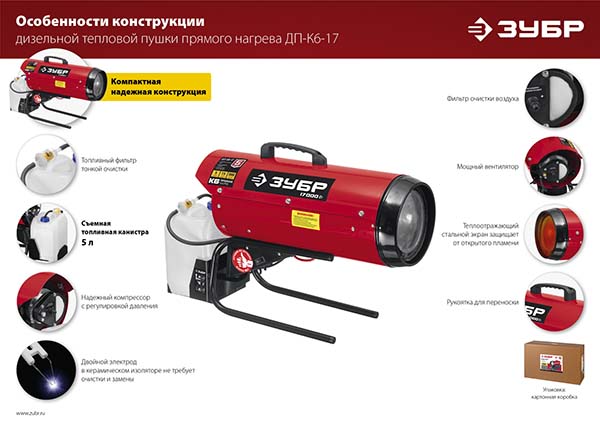 Дизельная тепловая пушка ЗУБР 17 кВт прямой нагрев (ДП-К6-17)