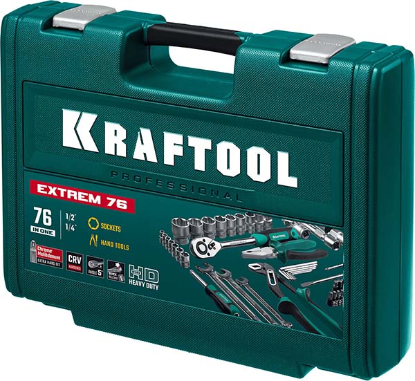 Универсальный набор инструмента KRAFTOOL EXTREM-76 1/2″+3/8″+1/4″ 76 предм., 27889-H76