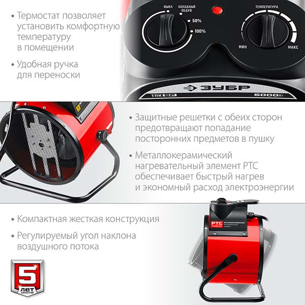 Электрическая тепловая пушка ЗУБР 5 кВт (ТПК-5Р)