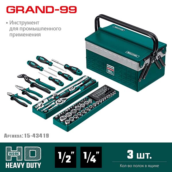 Универсальный набор инструмента KRAFTOOL GRAND-99 1/2″+1/4″ 99 предм., 27978-H99